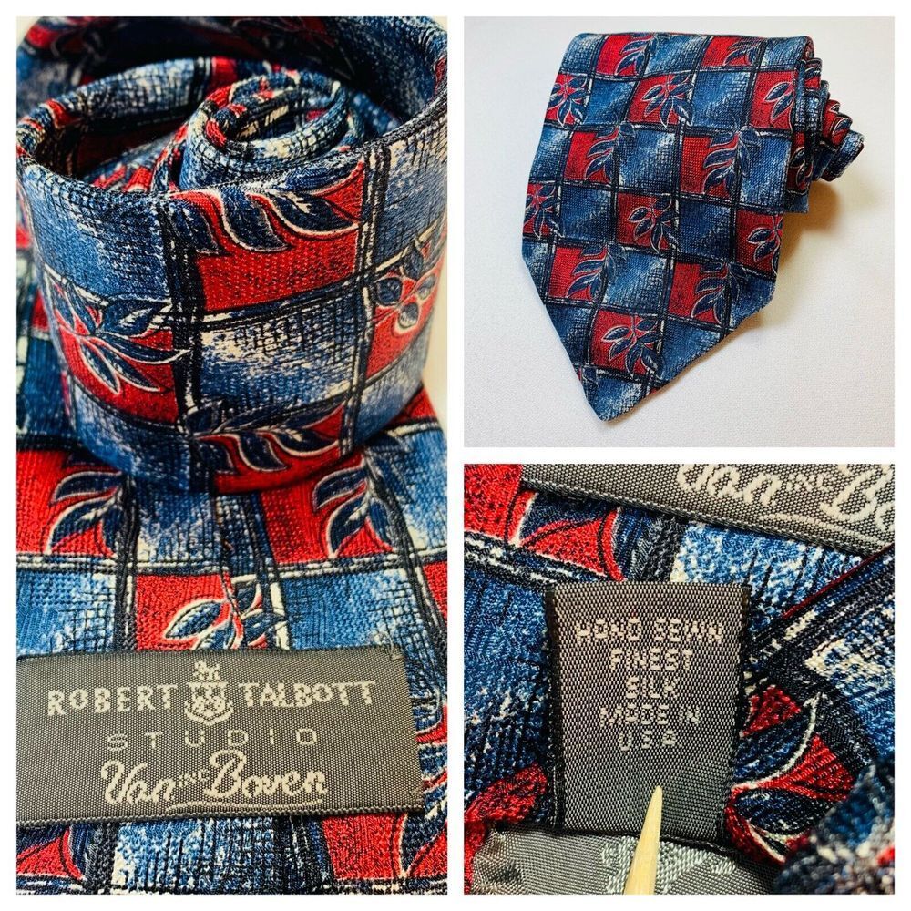 Robert Talbott Tie Necktie Red Blue Hand Sewn Silk Squares Leaf Made USA FLAW